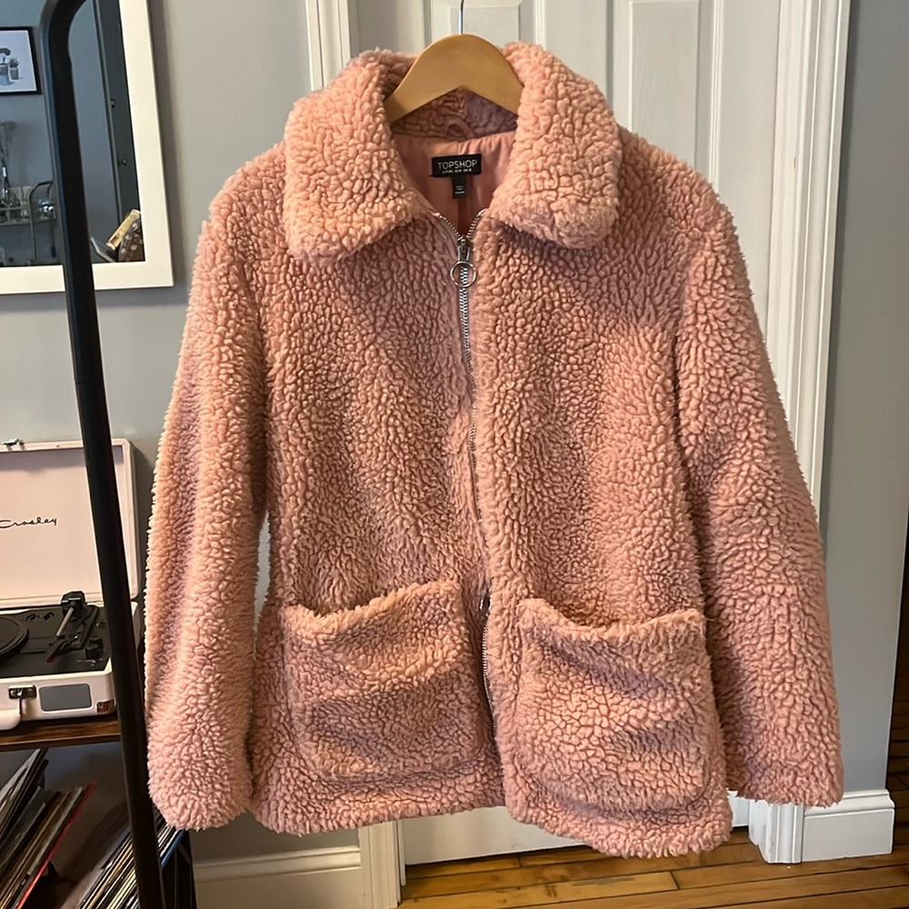 Topshop pink Sherpa zip up jacket size US 8